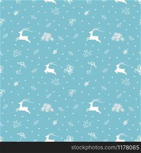 Christmas seamless pattern with reindeers and fir branches on soft blue background,vector illustration