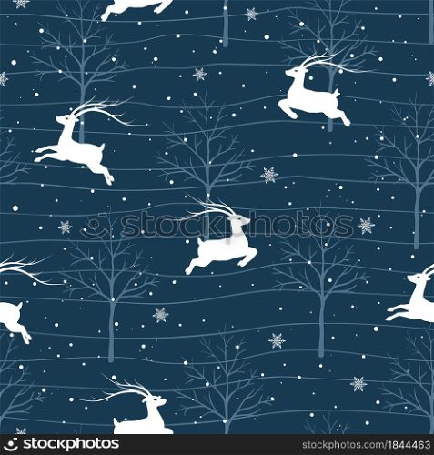 Christmas seamless pattern with reindeers on winter night,for decorative,celebrate party,greeting card or wrapping paper,vector illustration
