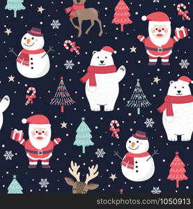 Christmas seamless pattern with santa and polar bear background, Winter pattern with reindeer, wrapping paper, pattern fills, winter greetings, web page background, Christmas and New Year greeting cards