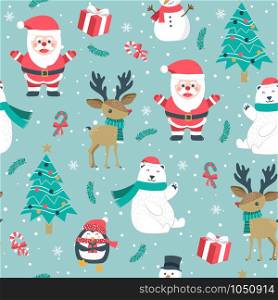 Christmas seamless pattern with santa and reindeer background, Winter pattern with polar bear, wrapping paper, pattern fills, winter greetings, web page background, Christmas and New Year greeting cards