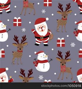 Christmas seamless pattern with santa and reindeer background, Winter pattern with snowflakes, wrapping paper, pattern fills, winter greetings, web page background, Christmas and New Year greeting cards