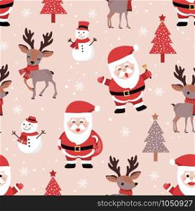 Christmas seamless pattern with santa and reindeer background, Winter pattern with snowflakes, wrapping paper, pattern fills, winter greetings, web page background, Christmas and New Year greeting cards