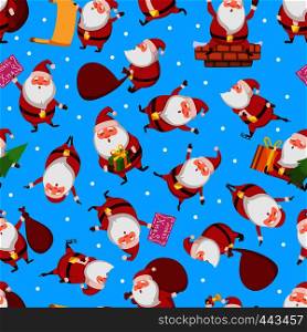 Christmas seamless pattern with santa in different action poses. Pattern christmas with santa claus illustration. Christmas seamless pattern with santa in different action poses