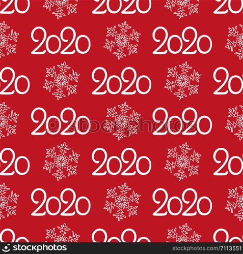 Christmas seamless pattern with snowflakes and 2020 text on red background. Vector texture for wrapping paper, fabric, banners