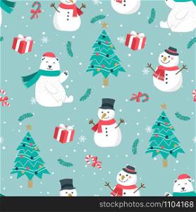 Christmas seamless pattern with snowman background, Winter pattern with bear, wrapping paper, pattern fills, winter greetings, web page background, Christmas and New Year greeting cards