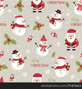 Christmas seamless pattern with snowman background, Winter pattern with holly berries, wrapping paper, pattern fills, winter greetings, web page background, Christmas and New Year greeting cards
