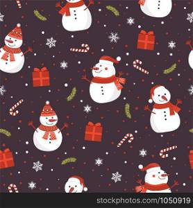 Christmas seamless pattern with snowman on brown background, Winter pattern with snowflakes, wrapping paper, pattern fills, winter greetings, web page background, Christmas and New Year greeting cards