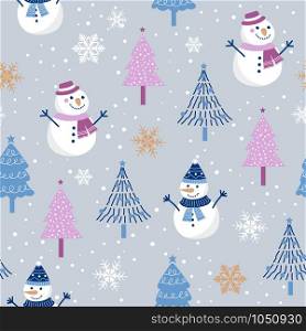 Christmas seamless pattern with snowman on gray background, Winter pattern with snowflakes, wrapping paper, pattern fills, winter greetings, web page background, Christmas and New Year greeting cards