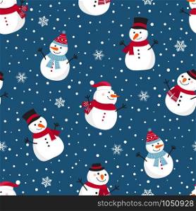 Christmas seamless pattern with snowman, Winter pattern with snowflakes, wrapping paper, pattern fills, winter greetings, web page background, Christmas and New Year greeting cards