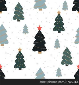 Christmas seamless pattern with spruce trees and snowflake dots on white background. Background for wallpapers, textiles, papers, gift boxes, fabrics, web pages.