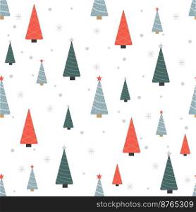 Christmas seamless pattern with spruce trees and snowflake dots on white background. Background for wallpapers, textiles, papers, gift boxes, fabrics, web pages.Vector illustration