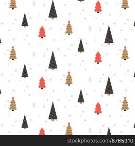 Christmas seamless pattern with spruce trees and snowflake dots on white background. Background for wallpapers, textiles, papers, gift boxes, fabrics, web pages.Vector illustration
