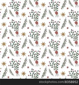 Christmas seamless pattern with stars and leaves on a white background