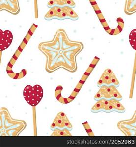Christmas seamless pattern with sweets and gingerbread cookies. Background with traditional New Year sweets. Template for packaging, gifts, fabric, wallpaper and decor, vector. Christmas seamless pattern with sweets and gingerbread cookies