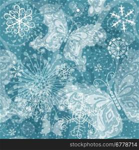 Christmas seamless pattern with translucent vintage snowflakes and butterflies and snow (vector EPS 10)