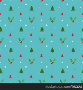 Christmas seamless pattern with trees, snowflakes and holly