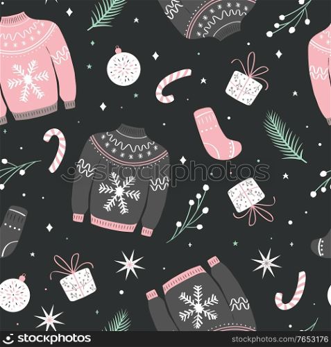 Christmas seamless pattern with ugly sweater. Woolen winter clothes and traditional festive elements and decoration. Flat vector colorful illustration.