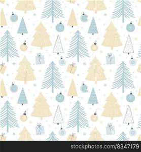 Christmas seamless pattern with varied trees, Christmas balls and gifts. Pastel palette. Scandinavian style seamless vector background for wrapping paper, fabric, etc .... Christmas seamless pattern with varied trees, Christmas balls and gifts. Pastel palette. Scandinavian style