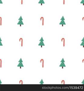 Christmas seamless pattern with xmas tree and striped candy. Merry christmas background. Wrapping paper, wallpaper, backdrop, fabric design. Vector retro illustration.. Christmas seamless pattern with xmas tree and striped candy.