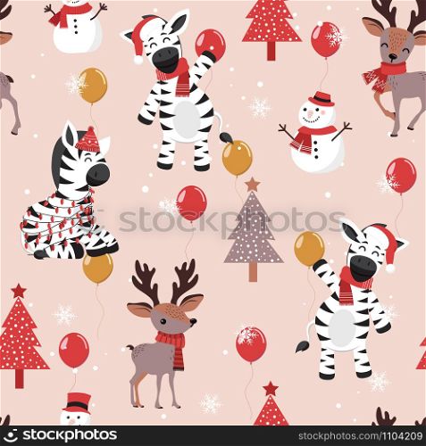 Christmas seamless pattern with zebra background, Winter pattern with deer, wrapping paper, pattern fills, winter greetings, web page background, Christmas and New Year greeting cards