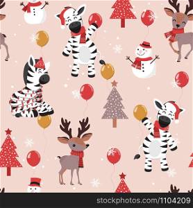 Christmas seamless pattern with zebra background, Winter pattern with deer, wrapping paper, pattern fills, winter greetings, web page background, Christmas and New Year greeting cards