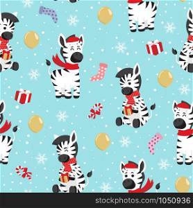 Christmas seamless pattern with zebra background, Winter pattern with happy zebra, wrapping paper, pattern fills, winter greetings, web page background, Christmas and New Year greeting cards