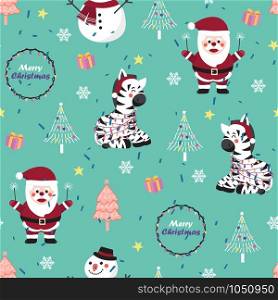 Christmas seamless pattern with zebra background, Winter pattern with santa and snowman, wrapping paper, pattern fills, winter greetings, web page background, Christmas and New Year greeting cards