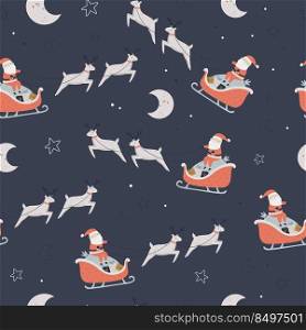 Christmas seamless patterns with Santa Claus, deer and sleigh with presents. Holiday design for fabrics, gift boxes, wrapping paper.. Christmas seamless patterns with Santa Claus, deer and sleigh with presents
