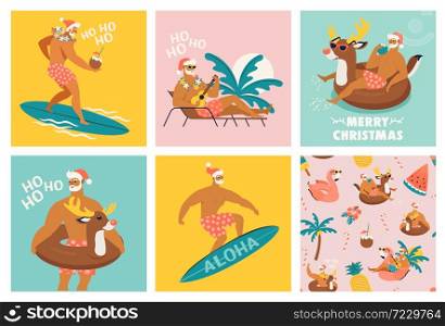 Christmas seamless set of card and pattern with cute funny Santa Claus animals with reindeer and flamingo inflatable ring Tropical Christmas. Vector illustration.. Christmas seamless set of card and pattern with cute funny Santa Claus animals with reindeer and flamingo inflatable ring. Tropical Christmas. Vector illustration.