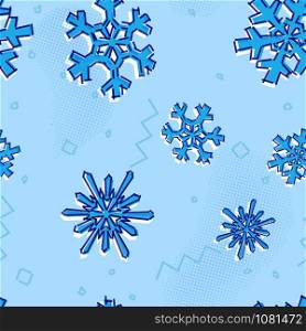 Christmas seamless snowflakes pattern with memphis design print styled snow stars for holiday ornaments, corporate greeting prints and xmas greeting cards