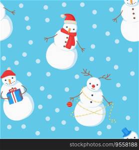 Christmas seamless snowman characters pattern in flat cartoon style.. Christmas seamless snowman characters pattern in flat cartoon style