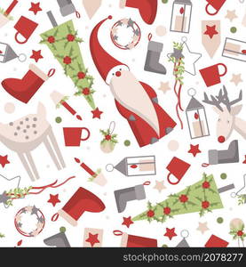 Christmas seamless vector pattern with Santa Claus and deer on white background. . Christmas vector pattern. Santa Claus and deer.