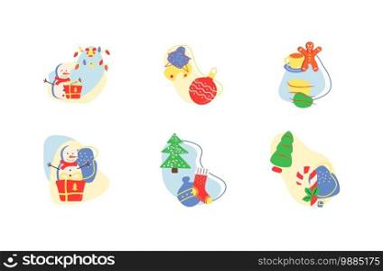 Christmas season flat vector concept illustration with abstract shapes set. Snowman with present. Sweet treat. Xmas tree. Wintertime 2D geometric and organic cartoon elements collection. Christmas season flat vector concept illustration with abstract shapes set