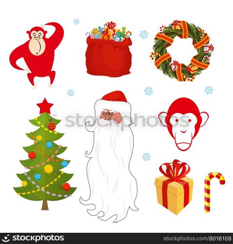Christmas set. Chinese new year objects: red monkey bag Santa Claus. Wreath of pine branches. Christmas tree decorated with festive. Gift box with red bow. Santa Claus with a large beard. Sweetness candy Mint.