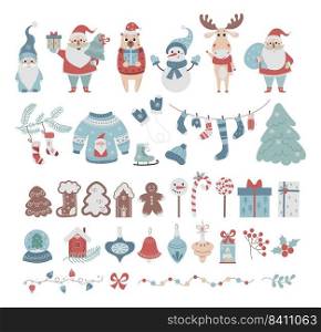 Christmas set. Collection New Year decor, cute cartoon Santa Claus, gnome, snowman, elk, Christmas tree and gingerbread, sweater and toys, gifts and sweets and gingerbread. Vector illustration