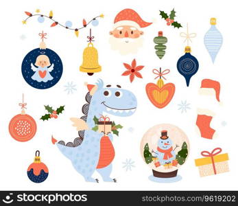 Christmas set. Cute dragon, New Year snow globe with snowman, Santa Claus, garland, toy ball with angel and xmas bell, gift with holly. Vector illustration. Isolated holiday elements for design