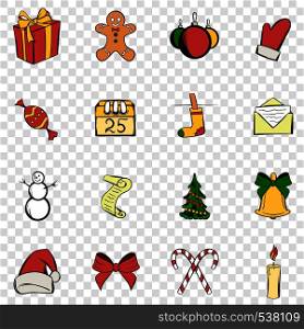 Christmas set icons in hand drawn style on transparent background. Christmas set icons