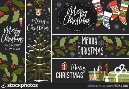 Christmas set of vector greeting banners cards and posters. Xmas tree with decorative balls, present boxes, holly berries mistletoe and other decorative design elements.. Christmas set of vector greeting banners cards and posters.