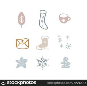 Christmas Set of vector xmas doodle scandinavian elements. New Year decoration. Winter background for fabric, textile, wrapping paper and other decoration illustration.. Christmas Set of vector xmas doodle scandinavian elements. New Year decoration. Winter background for fabric, textile, wrapping paper and other decoration illustration