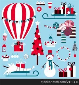 Christmas set with hot air balloon, gifts and snowman.Vector illustration