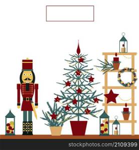 Christmas set with Nutcracker, Christmas tree, stars and lanterns.. Christmas set.