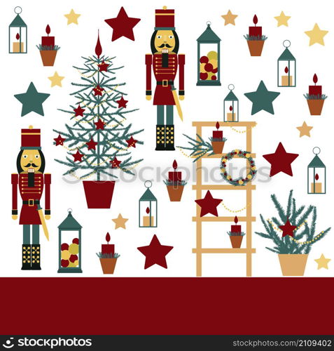 Christmas set with Nutcracker, Christmas tree, stars and lanterns.. Christmas set.