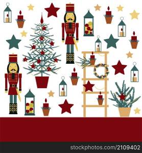 Christmas set with Nutcracker, Christmas tree, stars and lanterns.. Christmas set.