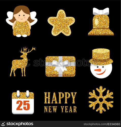 Christmas set with the gold sparkling elements. Vector illustration