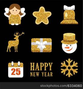 Christmas set with the gold sparkling elements. Vector illustration