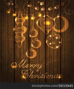 Christmas shining decorations on a wooden background