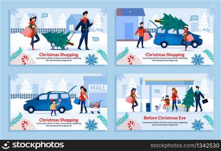 Christmas Shopping and Family Preparation for Winter Holidays. Happy Parents and Cheerful Children Buying Gifts and Xmas Fir Tree at Shop Mall. Flat Banner Set. Vector Cartoon Illustration. Family Xmas Shopping and Holiday Preparation Set