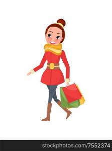 Christmas shopping day smiling and going woman with brown hair. Red overcoat with yellow scarf and jeans with brown high boots and colored packages vector. Christmas Shopping Woman with Packages Vector