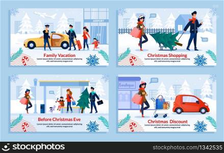 Christmas Shopping during Winter Sale and Discount. Preparation for Holidays Celebration. Travelling on Vacation. Cartoon Family and Children Characters. Banner Flat Set. Vector Illustration. Christmas Shopping, Winter Sale and Discount Set