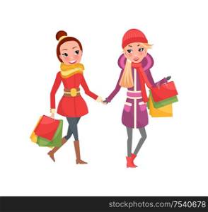 Christmas shopping, female friends with packages vector. Ladies walking from shops with purchase bags and presents to family. Winter holidays activity. Christmas Shopping, Female Friends with Packages